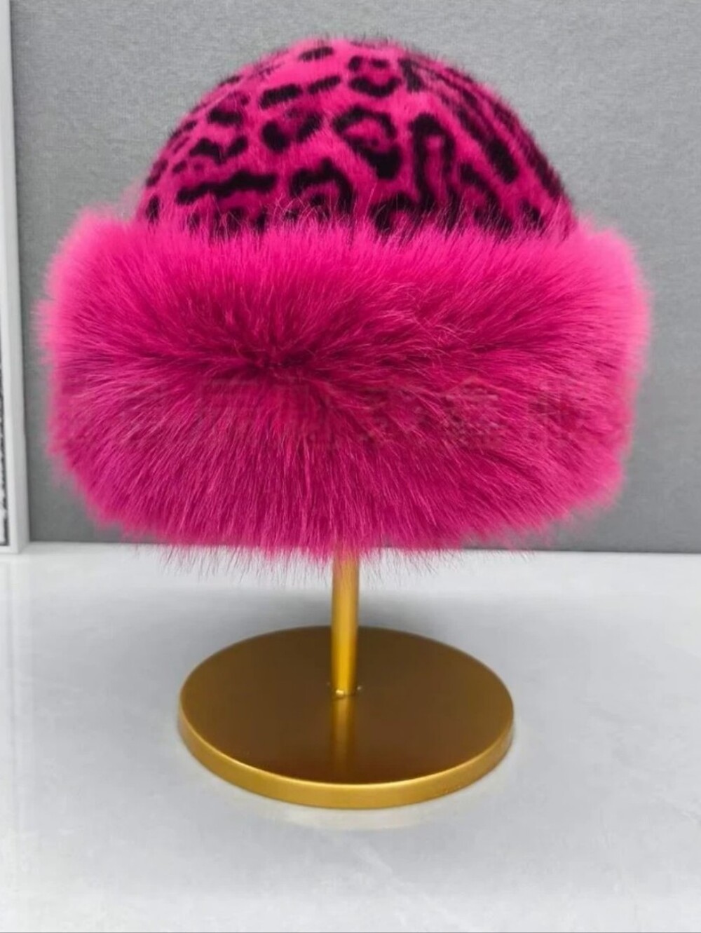 Women's Leopard-Print Faux Fur Cuffed Beanie in Hot Pink